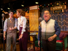 Milwaukee Repertory Theater presents It’s A Wonderful Life: A Live Radio Play  in the Stackner Cabaret October 31 – December 21, 2025. Pictured L to R: Daniel Arana, Melinda Parrett, David Flores