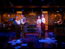 Milwaukee Repertory Theater presents It’s A Wonderful Life: A Live Radio Play in the Stackner Cabaret October 31 – December 21, 2025. Pictured L to R: David Flores, Daniel Arana, Eva Nimmer, Melinda Parrett and Wade Elkins