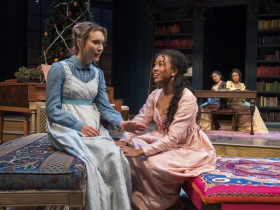 Milwaukee Repertory Theater presents Miss Bennet: Christmas at Pemberley in the Quadracci Powerhouse from November 13 – December 16, 2018.  Left to Right: Rebecca Hurd and Netta Walker.