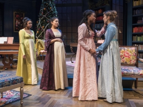 Milwaukee Repertory Theater presents Miss Bennet: Christmas at Pemberley in the Quadracci Powerhouse from November 13 – December 16, 2018.  Left to Right: Margaret Ivey, Sarai Rodriguez, Netta Walker, Rebecca Hurd.