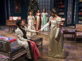 Milwaukee Repertory Theater presents Miss Bennet: Christmas at Pemberley in the Quadracci Powerhouse from November 13 – December 16, 2018.  Left to Right: Deanna Myers and Margaret Ivey.