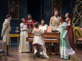 Milwaukee Repertory Theater presents Miss Bennet: Christmas at Pemberley in the Quadracci Powerhouse from November 13 – December 16, 2018.  Left to Right: Jordan Brodess, Margaret Ivey, Yousof Sultani, Rebecca Hurd, Deanna Myers, Fred Geyer, Sarai Rodriguez, Netta Walker.
