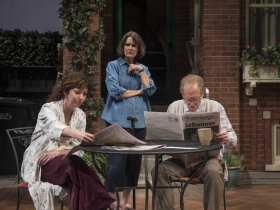 Milwaukee Repertory Theater presents the World Premiere of One House Over in the Quadracci Powerhouse from February 27 – March 25, 2018. Left to Right: Elaine Rivkin, Jeanne Paulsen, Mark Jacob