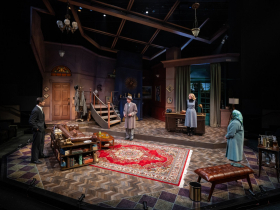 Milwaukee Repertory Theater presents Dial M for Murder in the Quadracci Powerhouse November 14 – December 17, 2023. Pictured Marcus Truschinski, Jonathan Wainwright, Amanda Drinkall, and Lipica Shah
