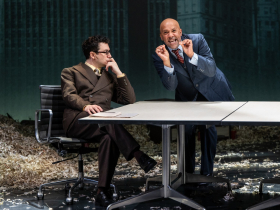 Milwaukee Repertory Theater presents The Lehman Trilogy in the Checota Powerhouse Theater January 13 – February 8, 2026. Pictured L to R: Max Wolkowitz, William Sturdivant