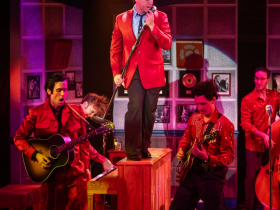 Milwaukee Repertory Theater presents Million Dollar Quartet at the Wilson Theater in Vogel Hall at Marcus Performing Arts Center, April 22 – May 24, 2025. Pictured: Joe Hebel, JP Coletta, Seth K Hale, Armando Gutierrez and Michael Ritter