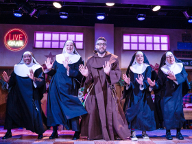 Milwaukee Repertory Theater presents Nuncrackers in the Stackner Cabaret November 3, 2023 – January 7, 2024. Pictured Meka King, Katie Kallaus, Seth K. Hale, Ashley Oviedo, Isabel Quintero.