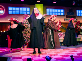 Milwaukee Repertory Theater presents Nuncrackers in the Stackner Cabaret November 3, 2023 – January 7, 2024. Pictured L-R Ashley Oviedo, Katie Kallaus, Seth K. Hale, Meka King