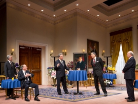 (L – R) – Martin L’Herault, Mark Jacoby, Brit Whittle, Steve Sheridan, and Jeff Steitzer in Milwaukee Repertory Theater’s 2014/15 Quadracci Powerhouse world premiere production of Five Presidents.