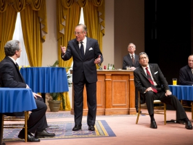 (L – R) – Brit Whittle, Mark Jacoby, (back row) Martin L’Herault, Steve Sheridan, and Jeff Steitzer in Milwaukee Repertory Theater’s 2014/15 Quadracci Powerhouse world premiere production of Five Presidents.
