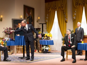 (L – R) –  Brit Whittle, Mark Jacoby, Steve Sheridan, (back row) Martin L’Herault, and Jeff Steitzer in Milwaukee Repertory Theater’s 2014/15 Quadracci Powerhouse world premiere production of Five Presidents.