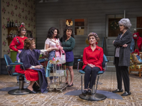 Milwaukee Repertory Theater presents Steel Magnolias in the Quadracci Powerhouse November 9 – December 5, 2021. Pictured L-R: Maeve Moynihan, Tami Workentin, Phoebe González, Rebecca Hirota, Janet Ulrich Brooks and Meg Thalken.