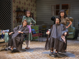 Milwaukee Repertory Theater presents Steel Magnolias in the Quadracci Powerhouse November 9 – December 5, 2021. Pictured L-R: Tami Workentin, Maeve Moynihan, Phoebe González and Rebecca Hirota.