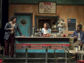 Wolf (Jefferson A. Russell), Risa (Malkia Stampley) and Sterling (Chiké Johnson) in Milwaukee Repertory Theater’s production of August Wilson’s Two Trains Running April 16 – May 12, 2019