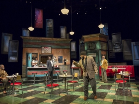 Memphis (Raymond Anthony Thomas), Risa (Malkia Stampley), Sterling (Chiké Johnson), Hambone (Frank Britton) and Holloway (Michael Anthony Williams) in Milwaukee Repertory Theater’s production of August Wilson’s Two Trains Running April 16 – May 12, 2019
