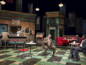 Hambone (Frank Britton), Risa (Malkia Stampley), West (Doug Brown), Holloway (Michael Anthony Williams) and Sterling (Chiké Johnson) in Milwaukee Repertory Theater’s production of August Wilson’s Two Trains Running April 16 – May 12, 2019