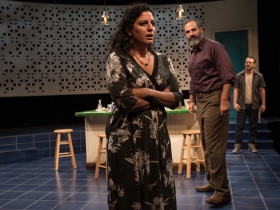 Milwaukee Repertory Theater presents The Who & The What in the Stiemke Studio from September 27 to November 5, 2017. Left to Right: Soraya Broukhim, Brian Abraham and Ben Kahre