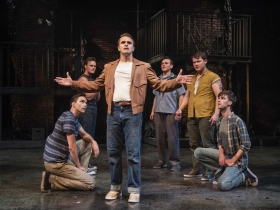 Milwaukee Repertory Thater presents West Side Story in the Quadracci Powerhouse September 17 – October 27, 2019. Left to right: Alex Hatcher, Clay Roberts, Jacob Burns, Devin Richey, Alex Hayden Miller and Nick Parrott