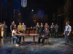 Milwaukee Repertory Theater presents West Side Story in the Quadracci Powerhouse September 17 – October 27, 2019. Left to right: Nick Parrott, Clay Roberts, Alex Hatcher, Jacob Burns,  Alex Hayden Miller, Devin Richey, Gilberto Saenz, Carlos Jimenez, Austin Winter, Mark Cruz, Jose-Luis Lopez, Jr., Joshua Ponce and AJ Morales