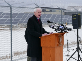 Mayor Tom Barrett speaks at the opening of a new solar installation at 1600 E. College Ave.
