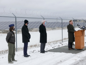 Ald. Scott Spiker speaks at the opening of a new solar installation at 1600 E. College Ave.