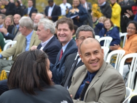 Alderman Perez, Interim County Parks Director, James Keegan, District Attorney John Chisholm, and Mayor Barrett applaud the football field designers, Eppstein Uhen
