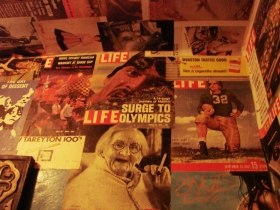 Men's bathroom ceiling and walls.