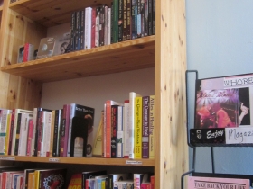 Two packed cases of books line part of the wall with how-to guides, texts on sexuality, etc.