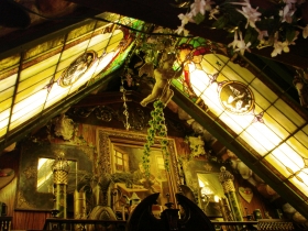 Stain glass lights above Egan bar.