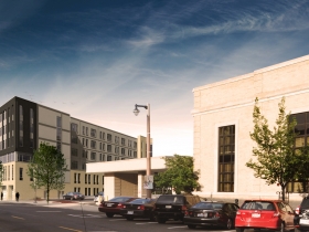 Southwest corner rendering of Greenwich Park Apartments with phase one complete.