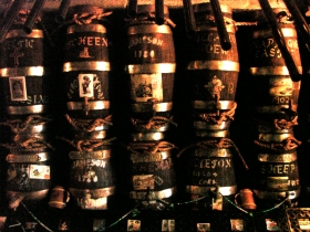 Vintage barrels on ceiling.