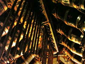 Vintage barrels on ceiling.