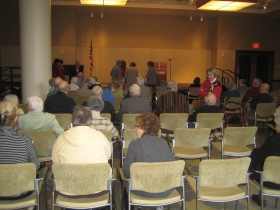 About 60 residents of St. John's on the Lake gathered in the community room to hear a presentation and question and answer session with Rep. Gwen Moore on Monday, December 30th, 2013