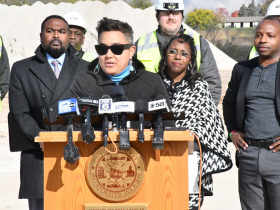 DNS Commissioner Jezamil Arroyo-Vega at Northridge Mall demolition press conference