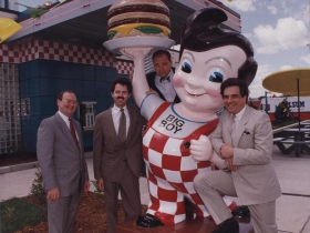 Marc’s Big Boy statue at the opening of a Big Boy Express in June 1993. (L-R) Steve Schilling; Doug Neis; Peter Helf; Bruce Olson.