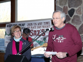 Gael Cullen, looks on as Dr. David Gutterman, Cardiovascular Medicine, Medical College of Wisconsin thanks the crowd for their support of heart research made possible by the 23rd Annual Steve Cullen Healthy Heart Run/Walk