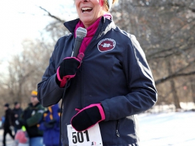Gael Cullen, Event Chair welcomes participants at the starting line of the 23rd Annual Steve Cullen Healthy Heart Run/Walk