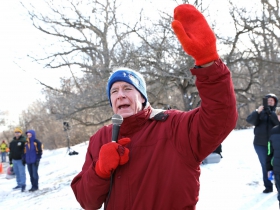 Mayor Tom Barrett greets and thanks the crowd for participating at the Steve Cullen Healthy Heart Run/Walk.The temperature at race time was 6 degrees