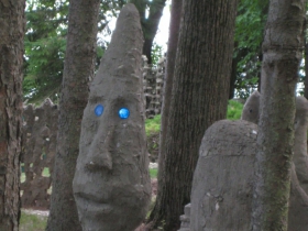 Sculptures lord over the property.