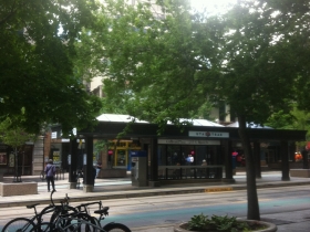 Looking across Main St.with light-rail station in the median.