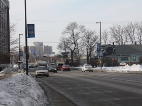 The end of National Avenue in Milwaukee with the VA Center in the background