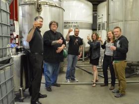 L – R:  Sprecher Sales Rep and WMSE DJ Ryan Aschebrook, Station GM Tom Crawford, Beer Creator and WMSE DJ Drew Walther, Promotions Director Sid McCain, Music Director Erin Wolf and Development Director Jay Burseth.