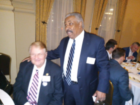 Gary Goyke speaks with Tearman Spencer at the 178th City Birthday party. Photo by Michael Horne.