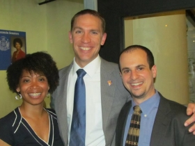 State Sens. Nikiya Harris [l] and Chris Larson [m], and Jonathan Brostoff [r].