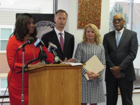 Donsia Strong Hill, LISC, executive director; Brian Grossman, region manager, Commercial Bank, JPMorgan Chase; Wendy Baumann, president and chief vision officer for WWBIC; Ken Little, commercial corridor manager, City of Milwaukee.