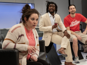 Emily Vitrano, Jonathan Bangs and Nick Narcisi in Renaissance Theaterworks’ production of L”APPARTEMENT by Joanna Murray-Smith