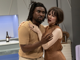 Nick Narcisi, Emily Vitrano and Cara Johnston in Renaissance Theaterworks’ production of L”APPARTEMENT by Joanna Murray-Smith