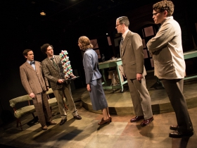 Trevor Rees (Francis Crick), Nick Narcisi (James Watson), Cassandra Bissell* (Rosalind Franklin) Neil Brookshire* (Maurice Wilkins), & Josh Krause (Ray Gosling)
