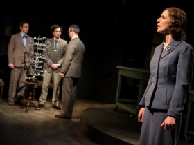 Trevor Rees (Francis Crick), Nick Narcisi (James Watson), & Neil Brookshire* (Maurice Wilkins) Cassandra Bissel* (Rosalind Franklin)