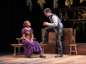 Marti Gobel as Elizabeth Sawyer (The Witch) and Neil Brookshire as Scratch in Renaissance Theaterworks' WITCH